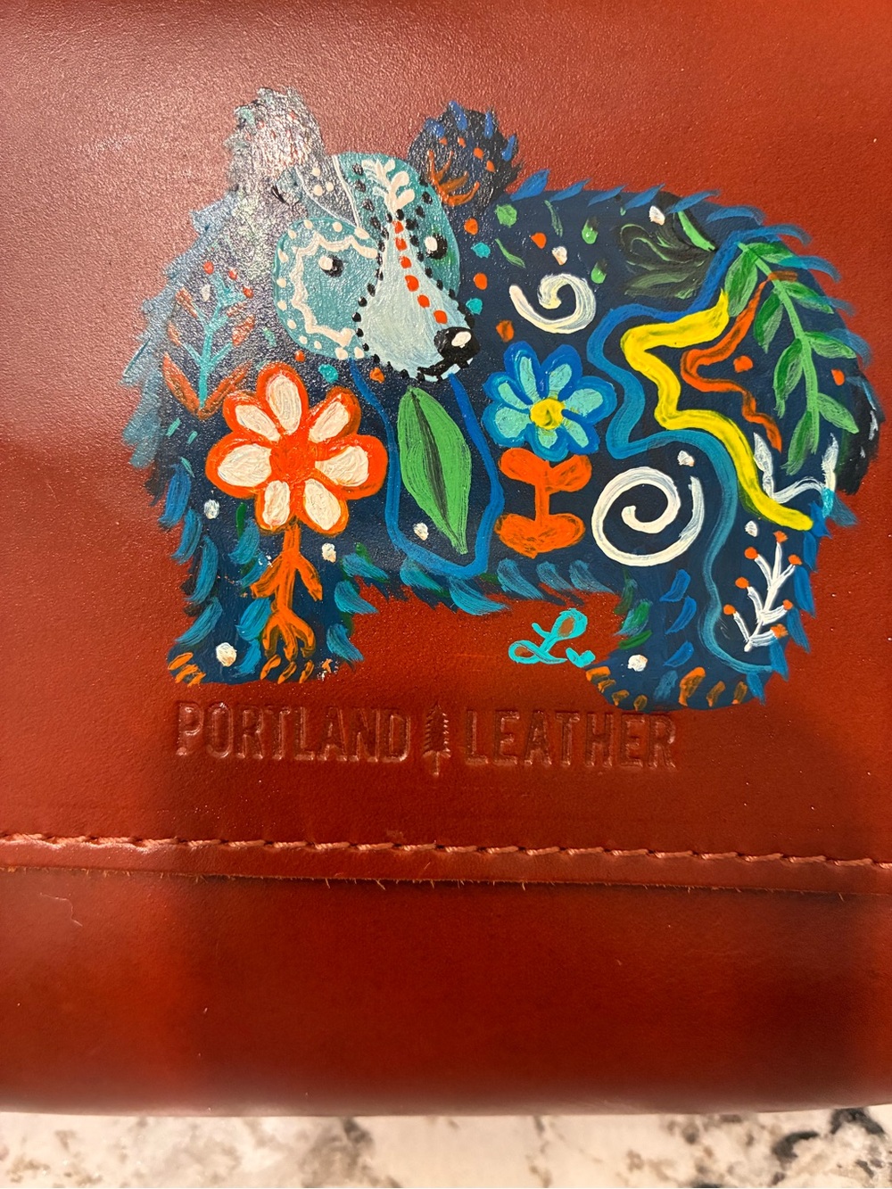 Portland Leather Cognac Shoulder Bag with Colorful Floral Bear Patch - Picture 2 of 4